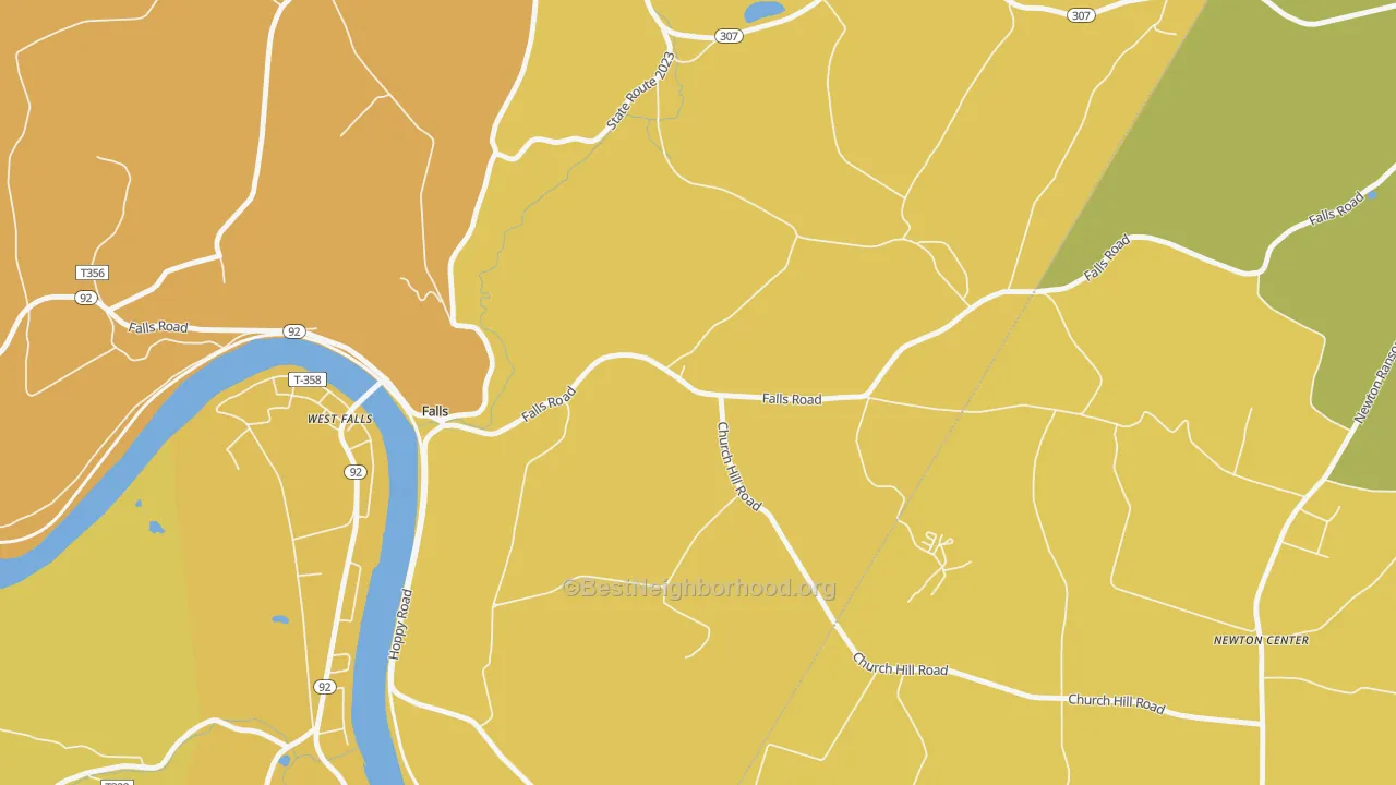 Map of the best neighborhoods in the West Falls area, with better matches in green and worse matches in red
