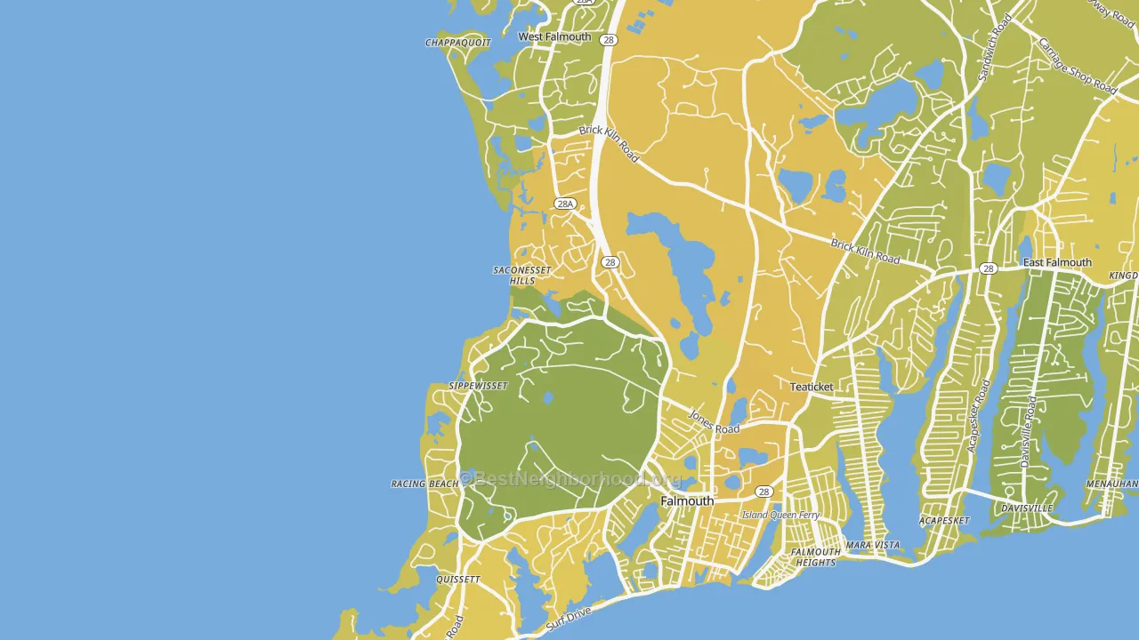 Map of the best neighborhoods in the West Falmouth area, with better matches in green and worse matches in red