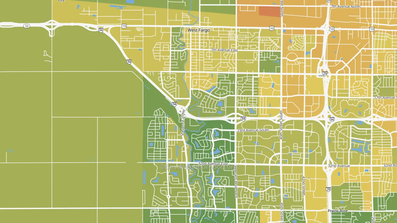 Map of the best neighborhoods in the West Fargo area, with better matches in green and worse matches in red