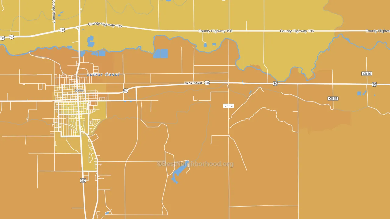 Map of the best neighborhoods in the West Farm area, with better matches in green and worse matches in red