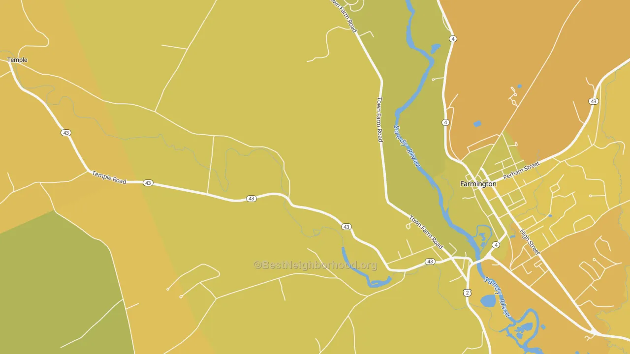 Map of the best neighborhoods in the West Farmington area, with better matches in green and worse matches in red