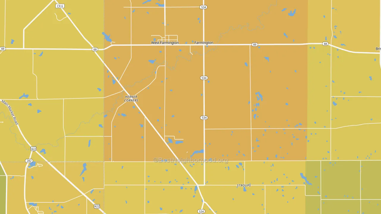 Map of the best neighborhoods in the West Farmington area, with better matches in green and worse matches in red