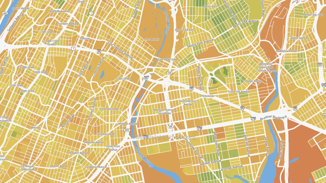 Map of the best neighborhoods in the West Farms, Bronx area, with better matches in green and worse matches in red