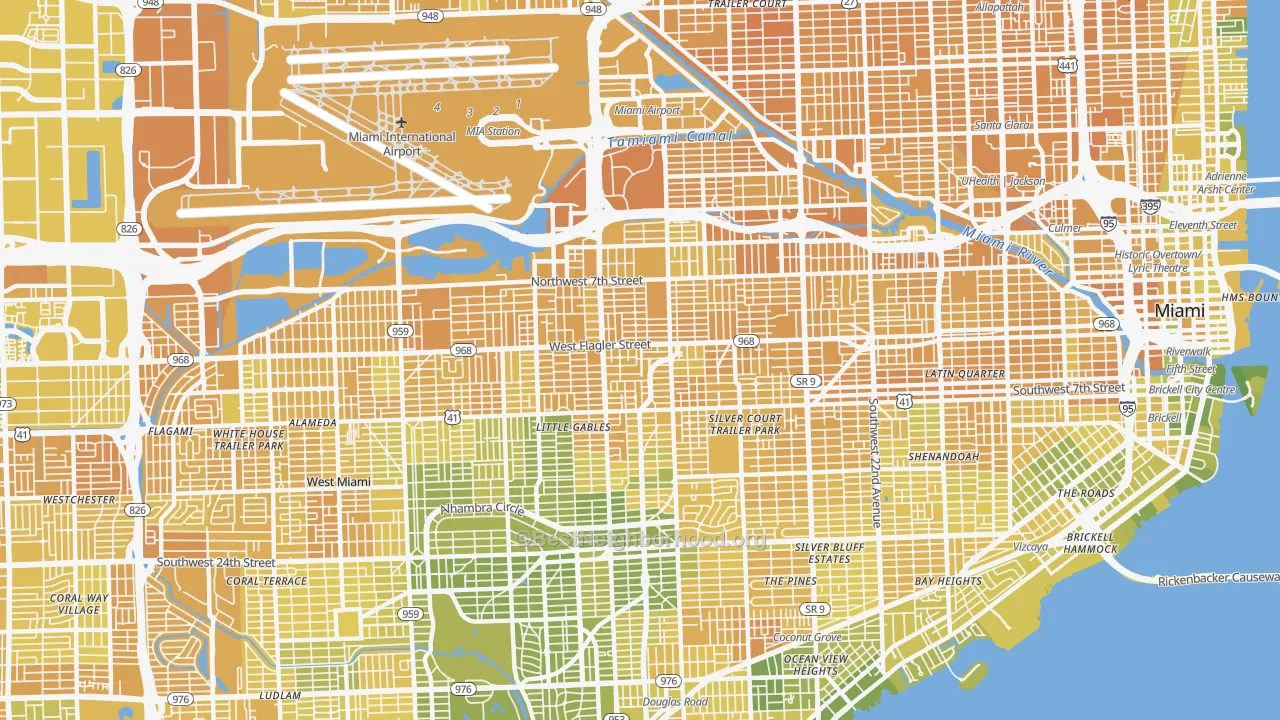 Map of the best neighborhoods in the West Flagler, Miami area, with better matches in green and worse matches in red