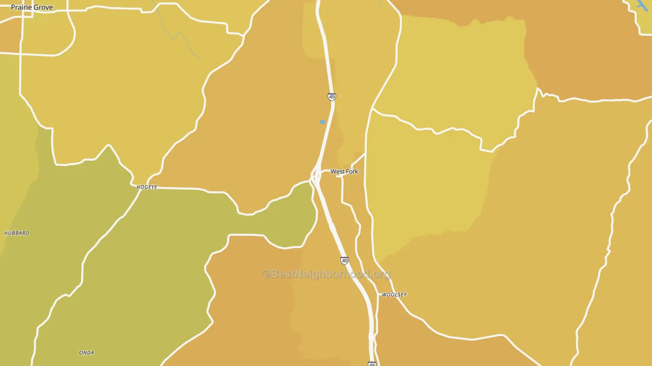 Map of the best neighborhoods in the West Fork area, with better matches in green and worse matches in red