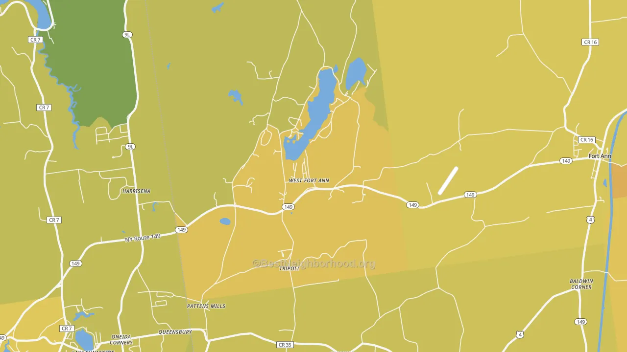 Map of the best neighborhoods in the West Fort Ann area, with better matches in green and worse matches in red