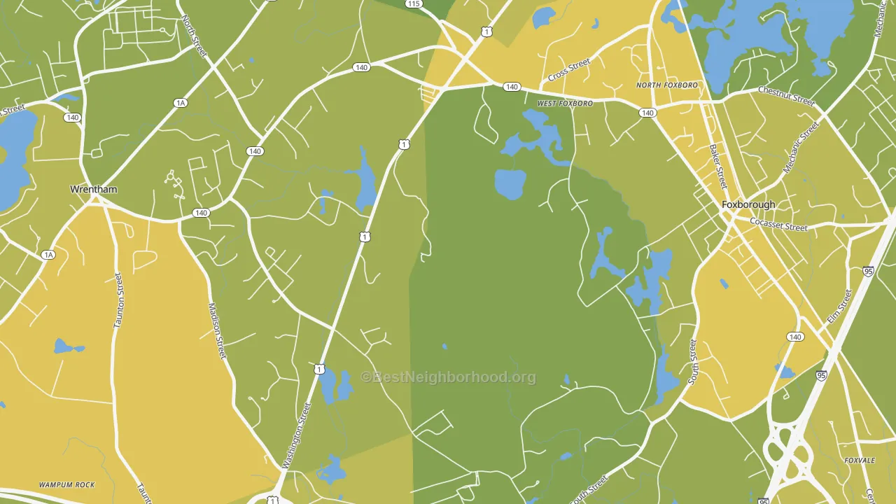 Map of the best neighborhoods in the West Foxboro area, with better matches in green and worse matches in red