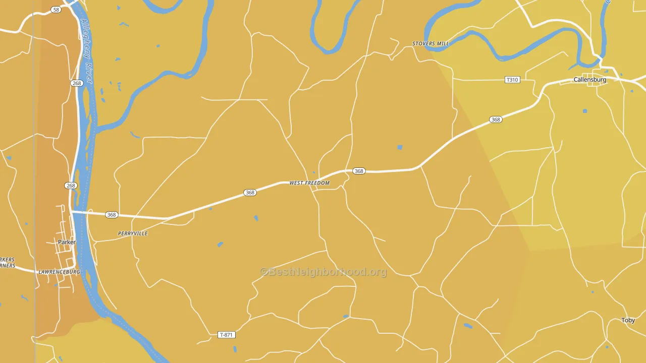Map of the best neighborhoods in the West Freedom area, with better matches in green and worse matches in red
