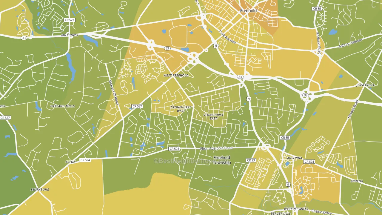 Map of the best neighborhoods in the West Freehold area, with better matches in green and worse matches in red