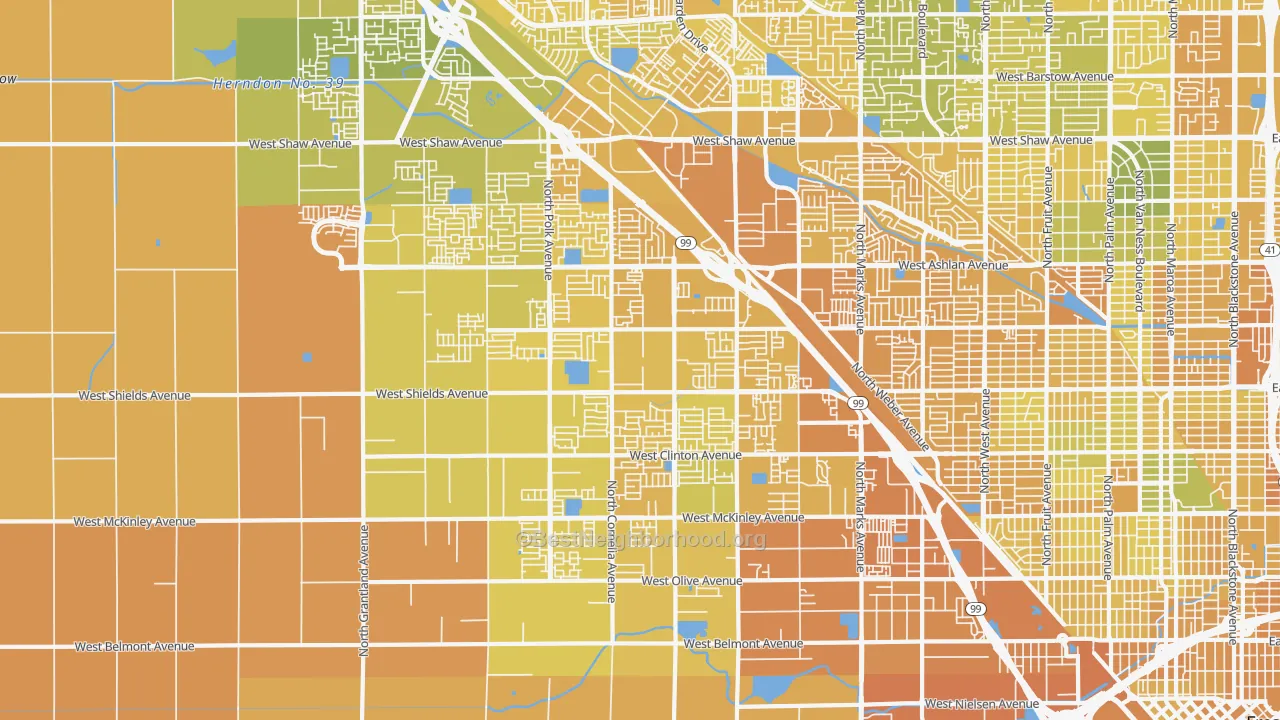 Map of the best neighborhoods in the West, Fresno area, with better matches in green and worse matches in red