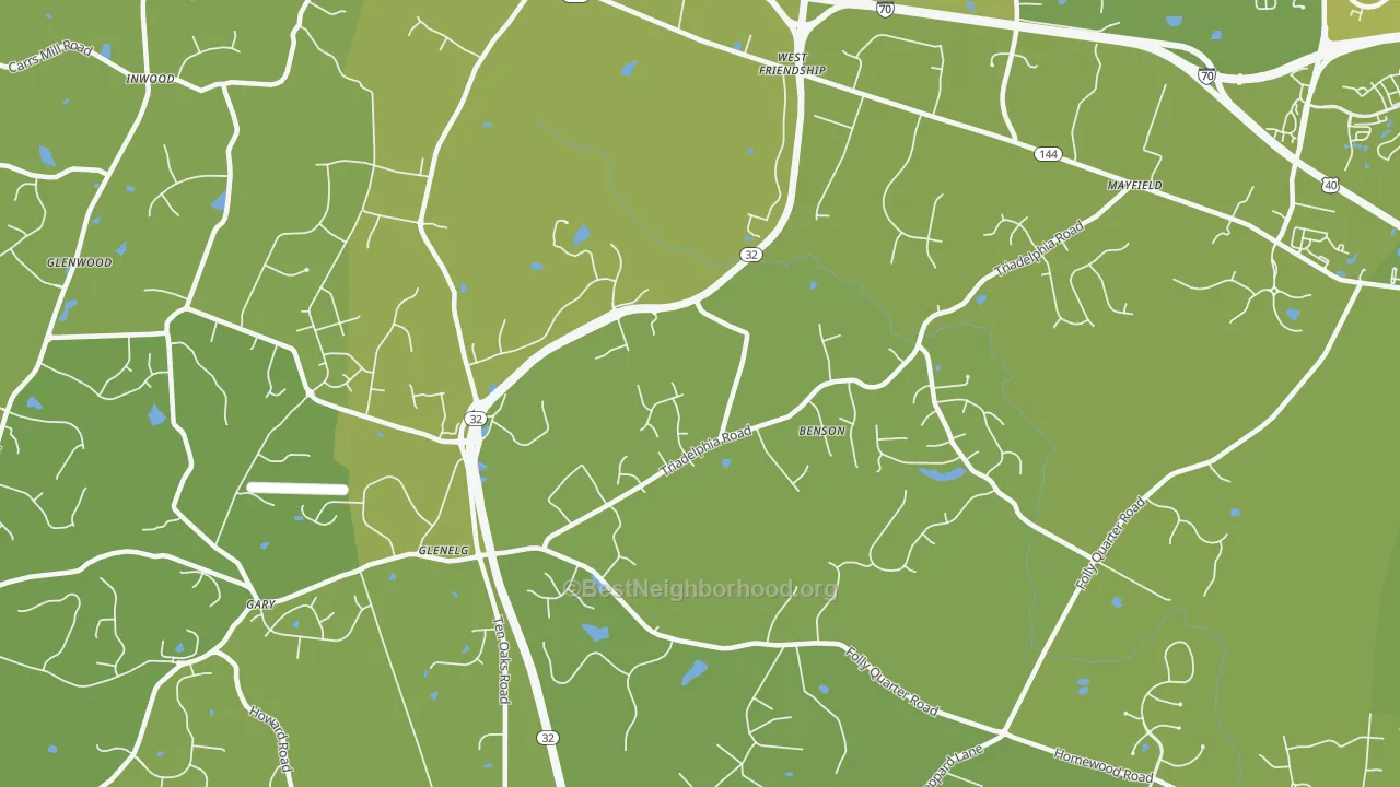 Map of the best neighborhoods in the West Friendship area, with better matches in green and worse matches in red