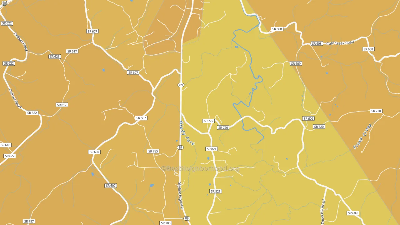 Map of the best neighborhoods in the West Galax area, with better matches in green and worse matches in red