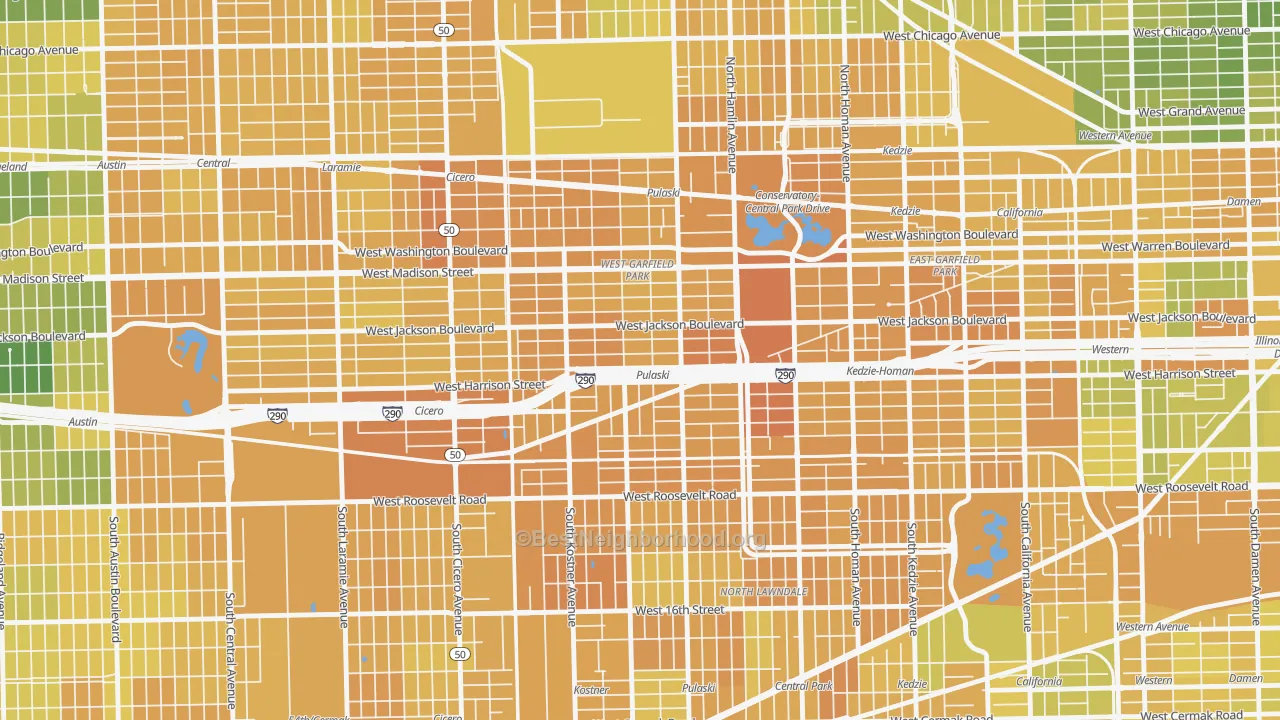 Map of the best neighborhoods in the West Garfield Park, Chicago area, with better matches in green and worse matches in red