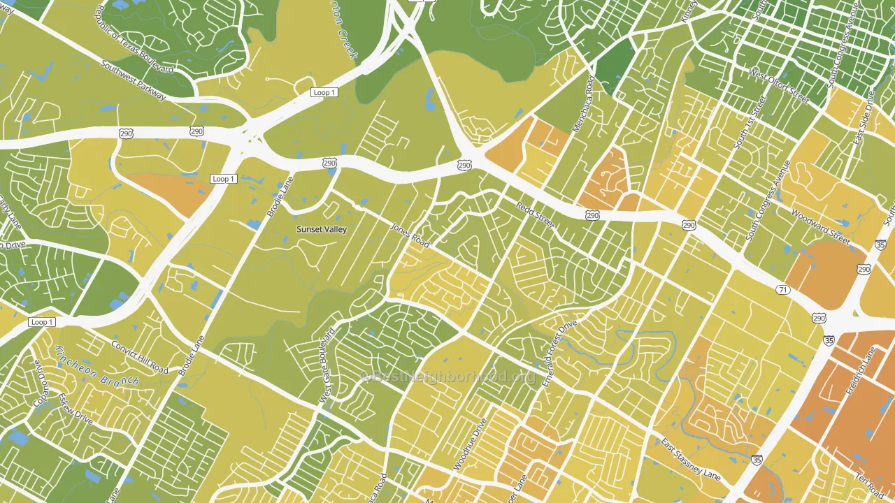 Map of the best neighborhoods in the West Gate, Austin area, with better matches in green and worse matches in red