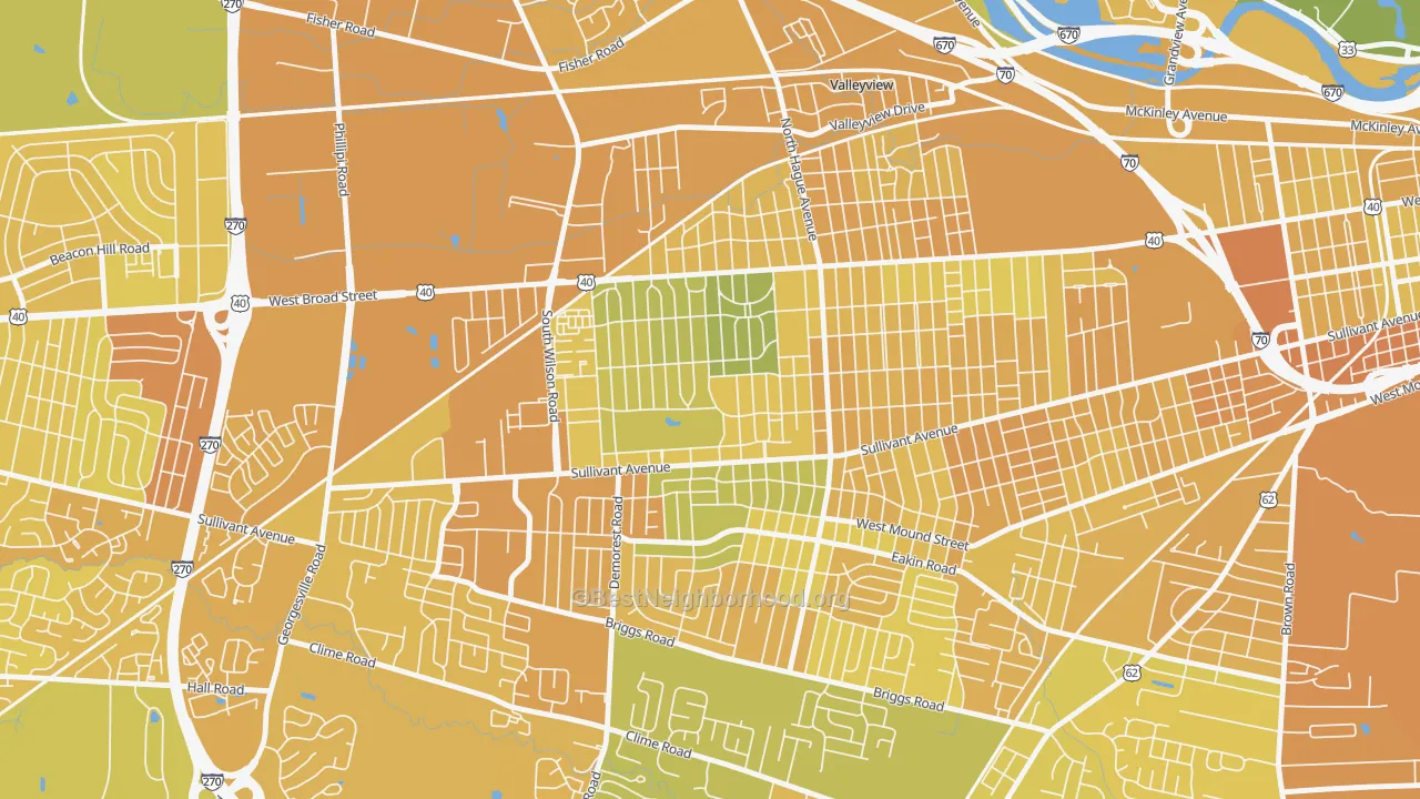 Map of the best neighborhoods in the West Gate, Columbus area, with better matches in green and worse matches in red