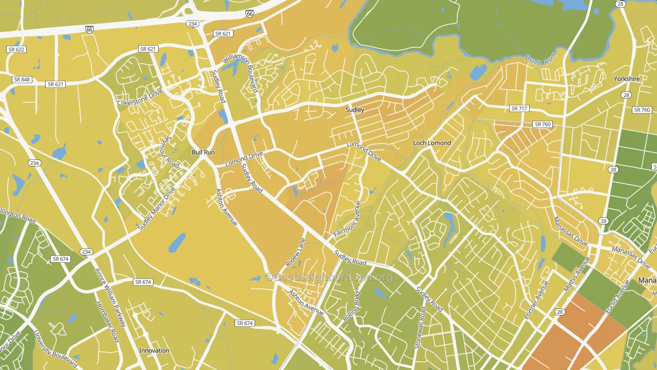 Map of the best neighborhoods in the West Gate, Sudley area, with better matches in green and worse matches in red