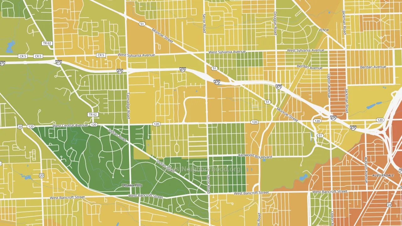 Map of the best neighborhoods in the West Gate, Toledo area, with better matches in green and worse matches in red