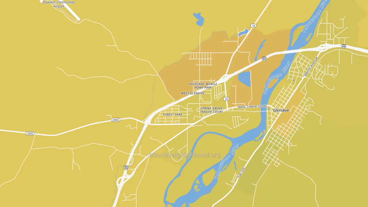 Map of the best neighborhoods in the West Glendive area, with better matches in green and worse matches in red