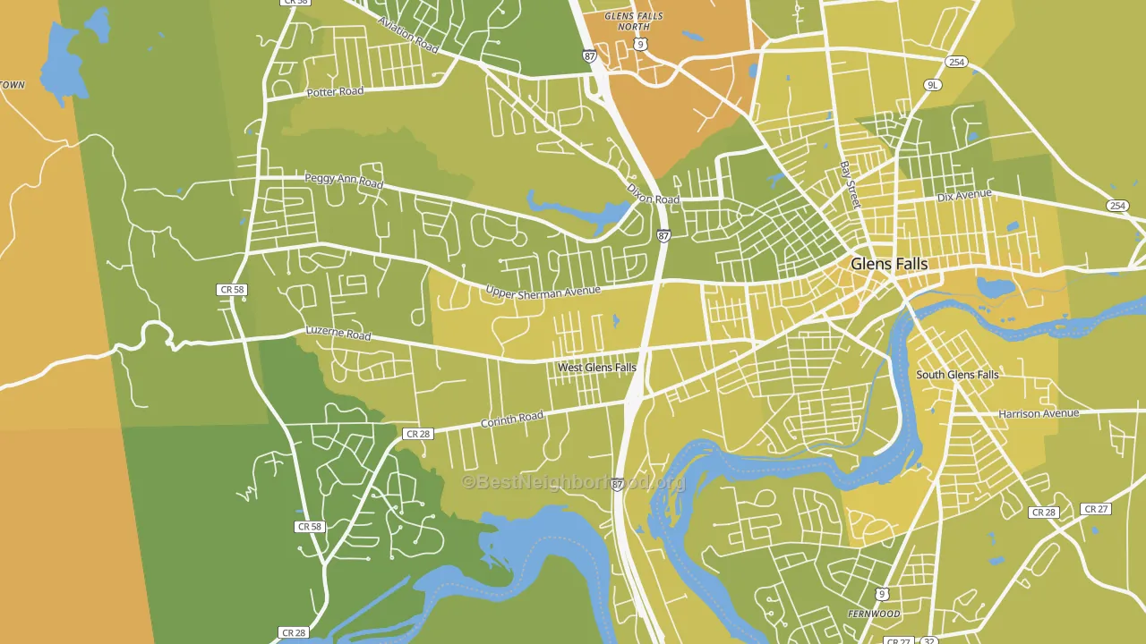 Map of the best neighborhoods in the West Glens Falls area, with better matches in green and worse matches in red