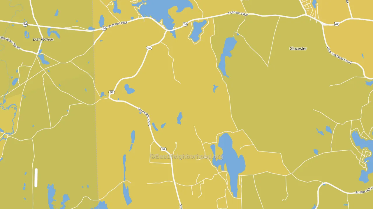 Map of the best neighborhoods in the West Glocester area, with better matches in green and worse matches in red