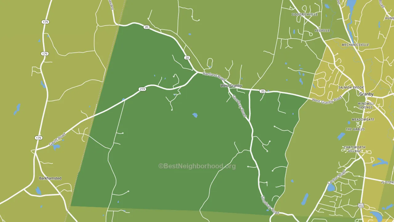 Map of the best neighborhoods in the West Granby area, with better matches in green and worse matches in red