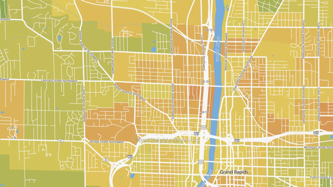Map of the best neighborhoods in the West Grand, Grand Rapids area, with better matches in green and worse matches in red