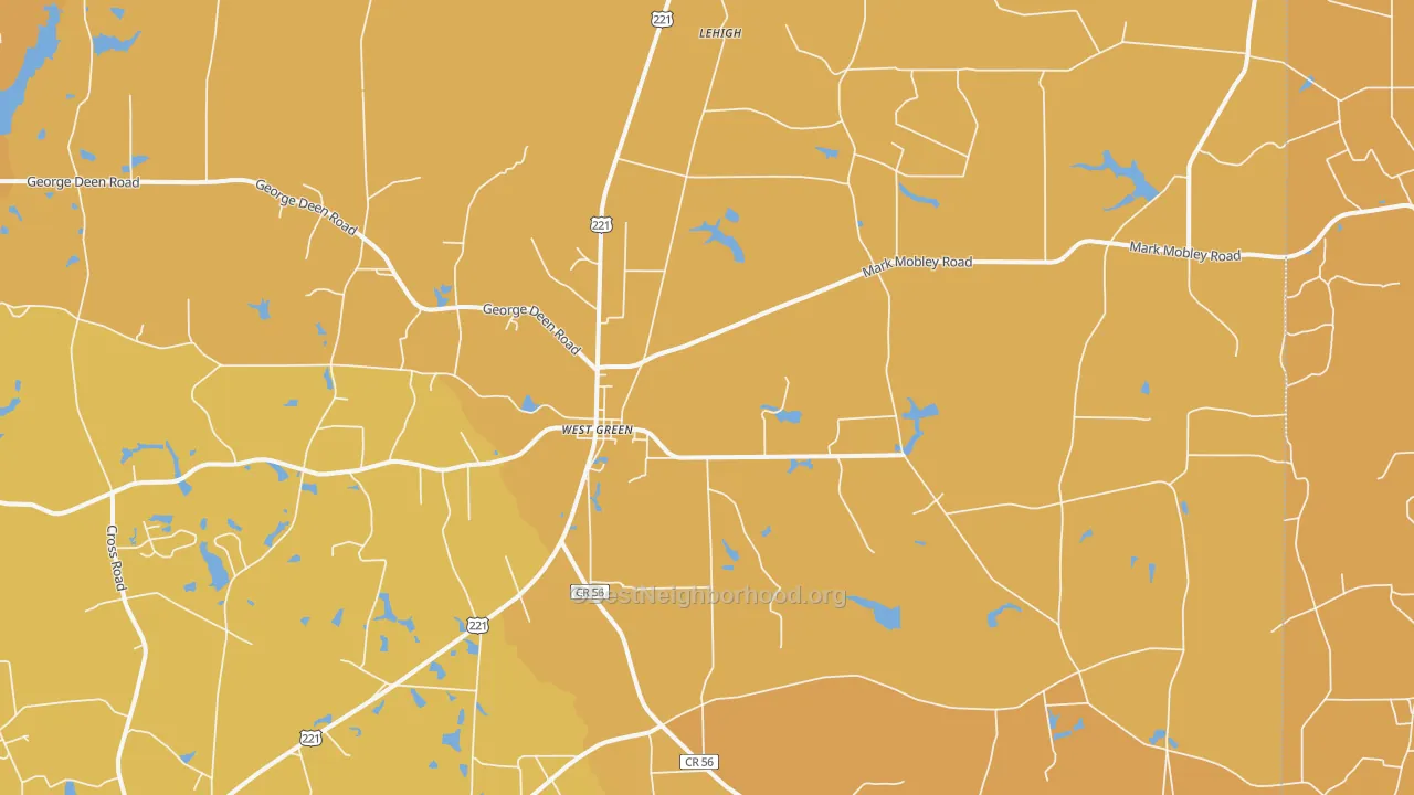 Map of the best neighborhoods in the West Green area, with better matches in green and worse matches in red