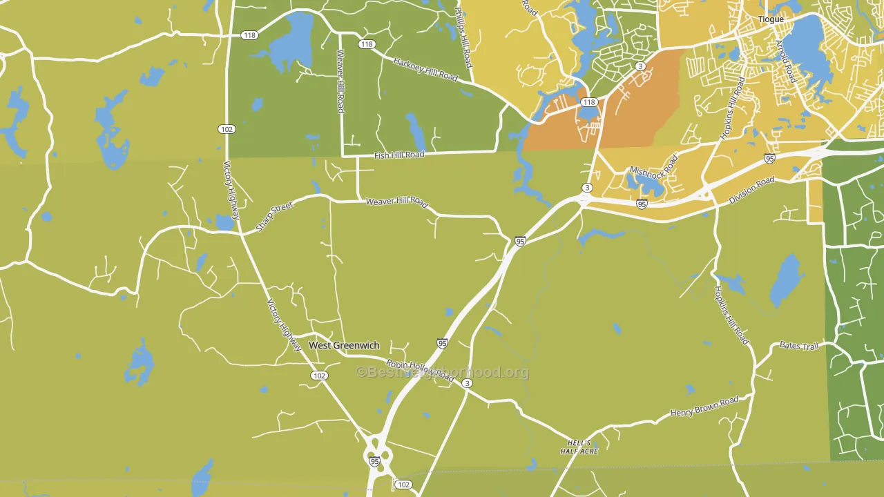 Map of the best neighborhoods in the West Greenwich area, with better matches in green and worse matches in red