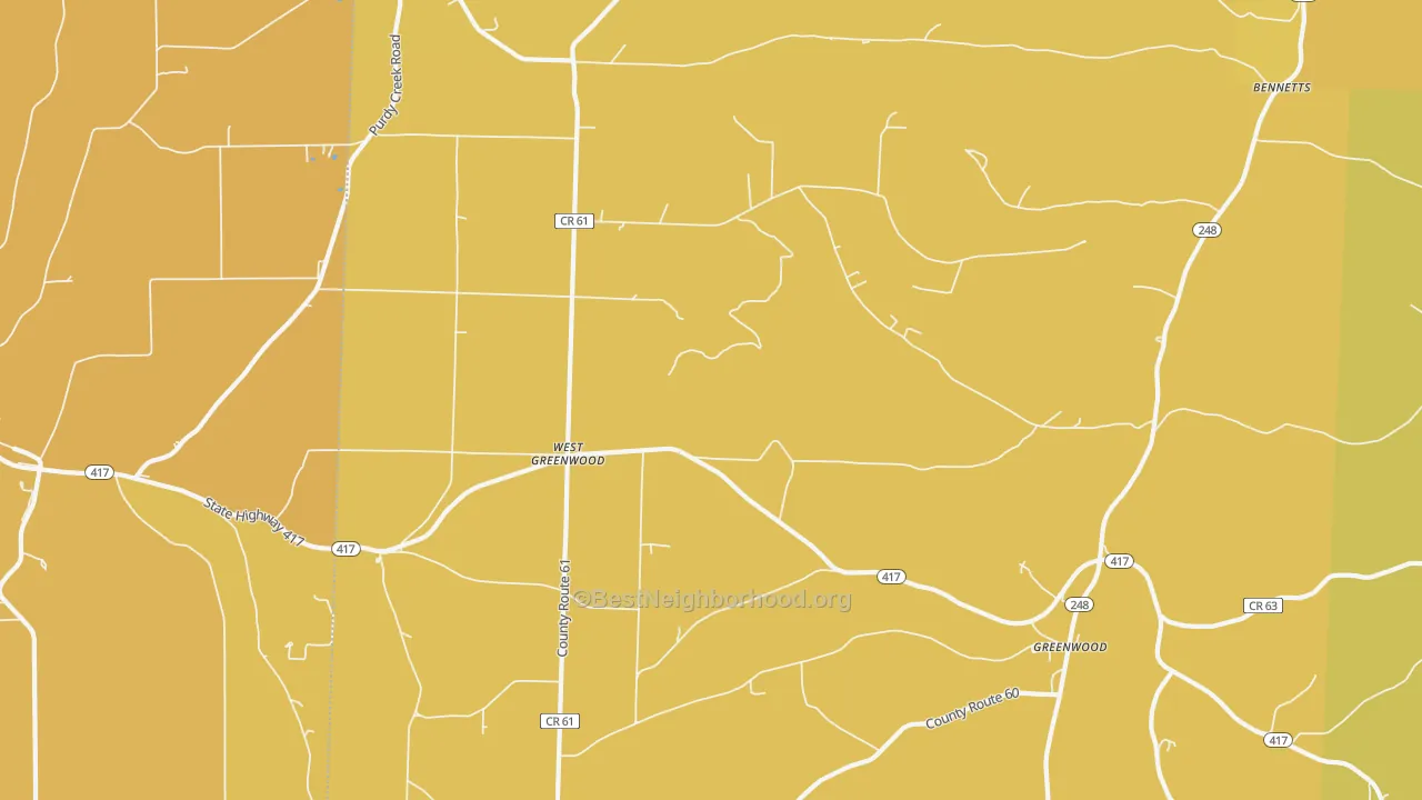 Map of the best neighborhoods in the West Greenwood area, with better matches in green and worse matches in red