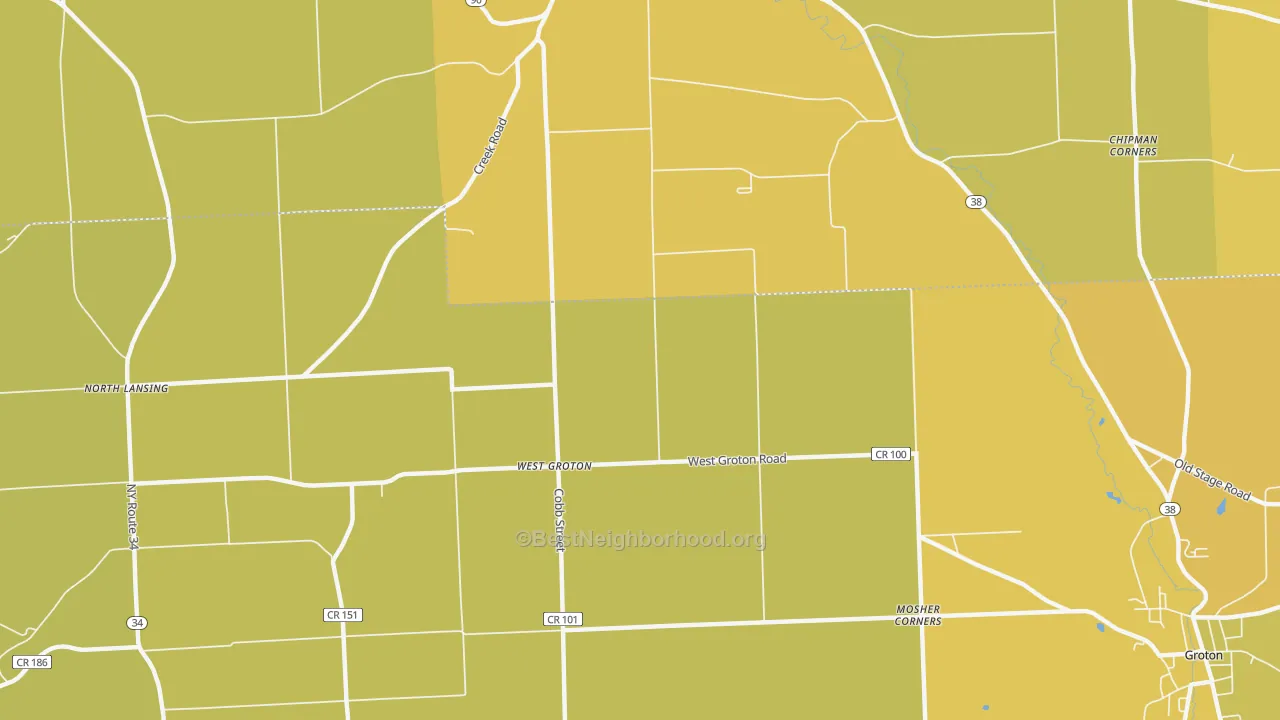 Map of the best neighborhoods in the West Groton area, with better matches in green and worse matches in red