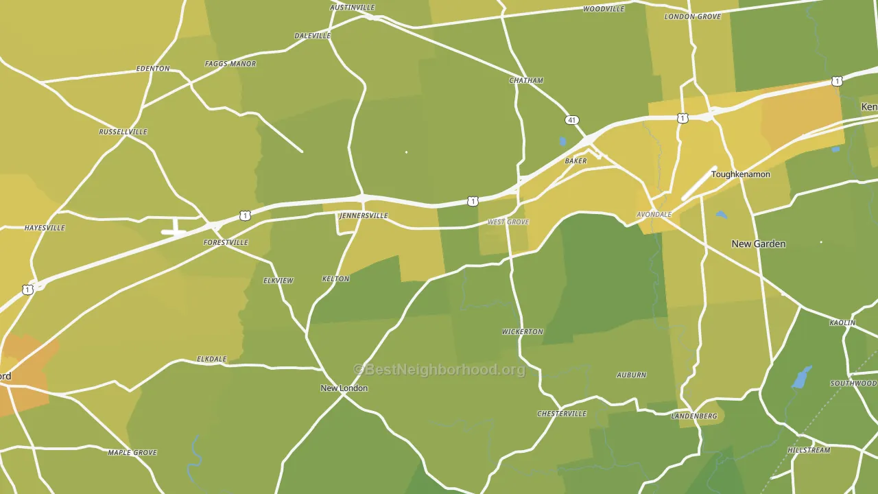 Map of the best neighborhoods in the West Grove area, with better matches in green and worse matches in red