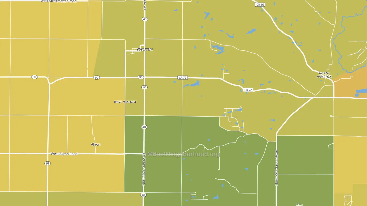 Map of the best neighborhoods in the West Hallock area, with better matches in green and worse matches in red