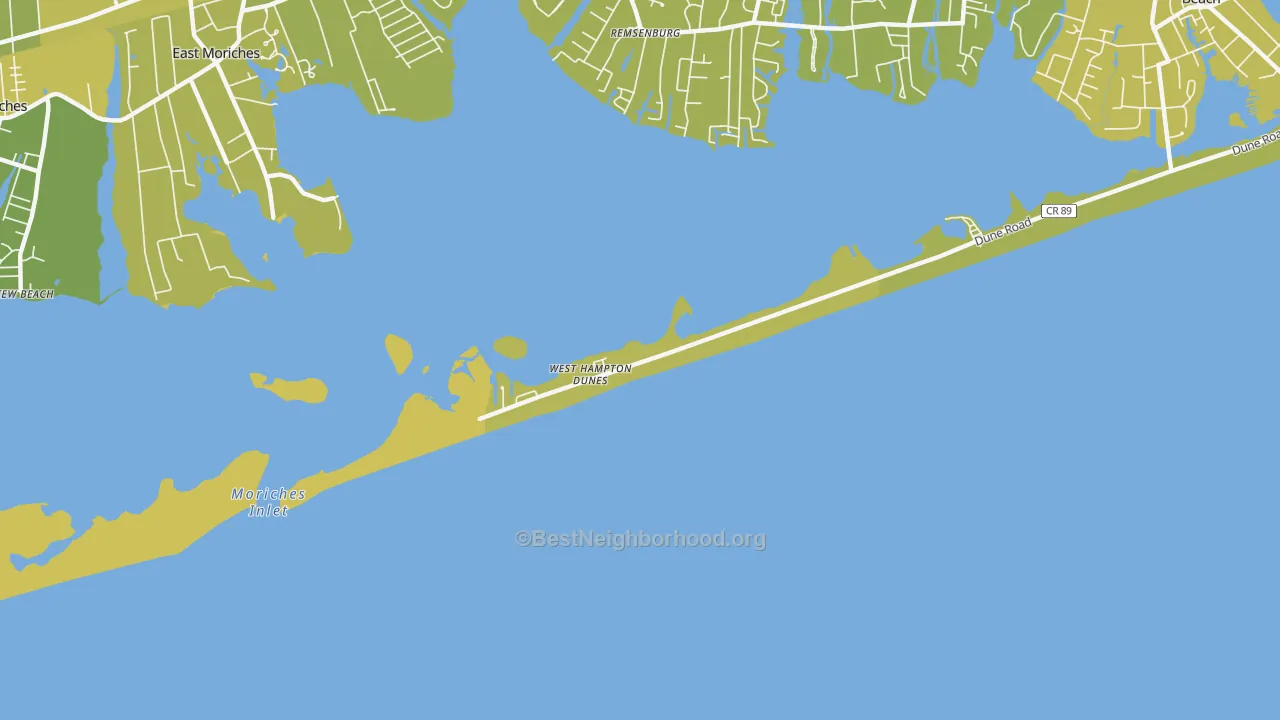 Map of the best neighborhoods in the West Hampton Dunes area, with better matches in green and worse matches in red