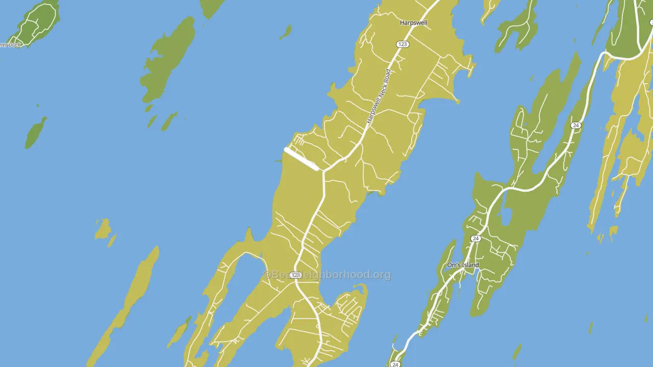 Map of the best neighborhoods in the West Harpswell area, with better matches in green and worse matches in red
