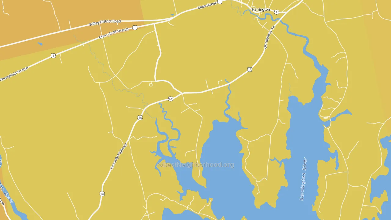 Map of the best neighborhoods in the West Harrington area, with better matches in green and worse matches in red