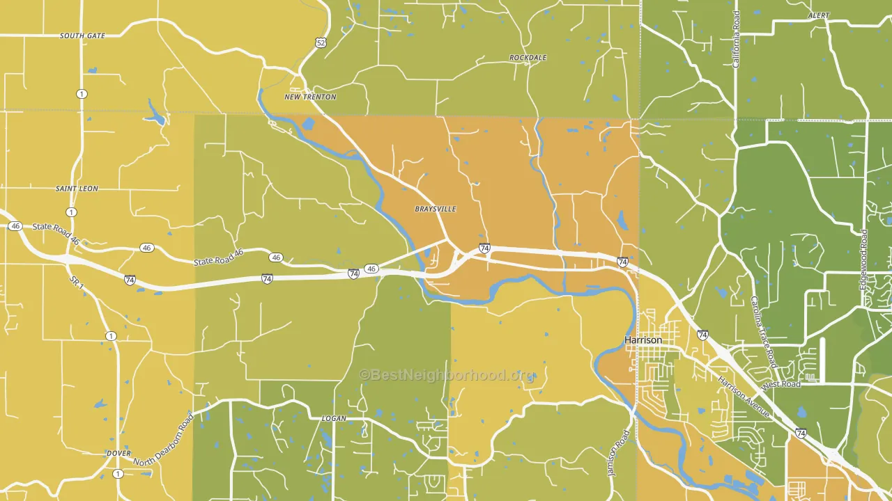 Map of the best neighborhoods in the West Harrison area, with better matches in green and worse matches in red