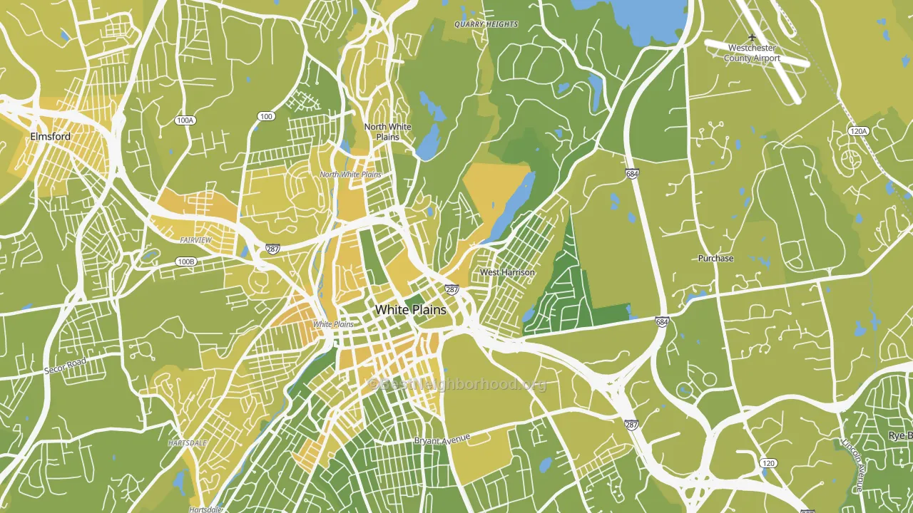 Map of the best neighborhoods in the West Harrison area, with better matches in green and worse matches in red