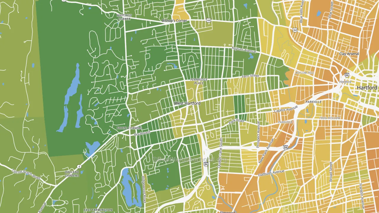 Map of the best neighborhoods in the West Hartford area, with better matches in green and worse matches in red