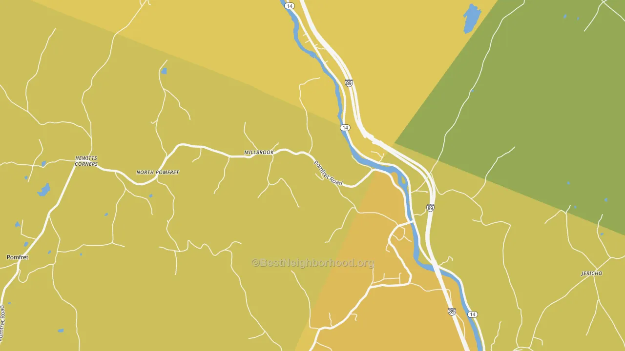 Map of the best neighborhoods in the West Hartford area, with better matches in green and worse matches in red