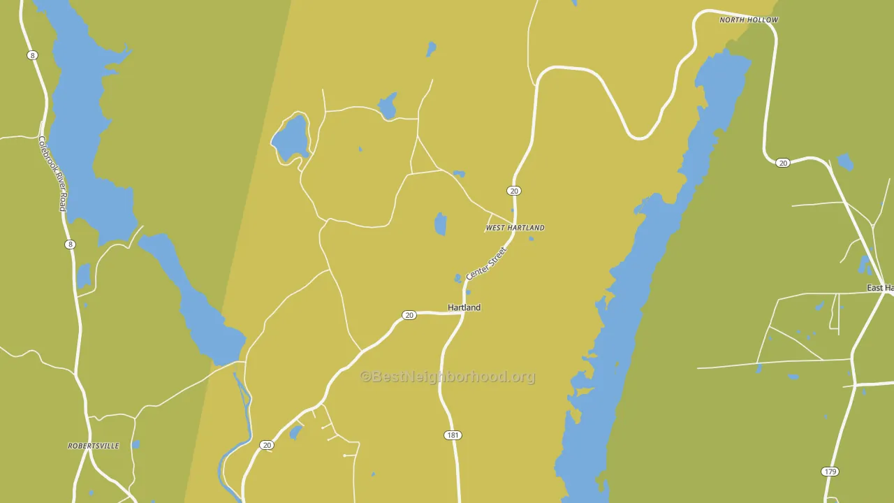 Map of the best neighborhoods in the West Hartland area, with better matches in green and worse matches in red