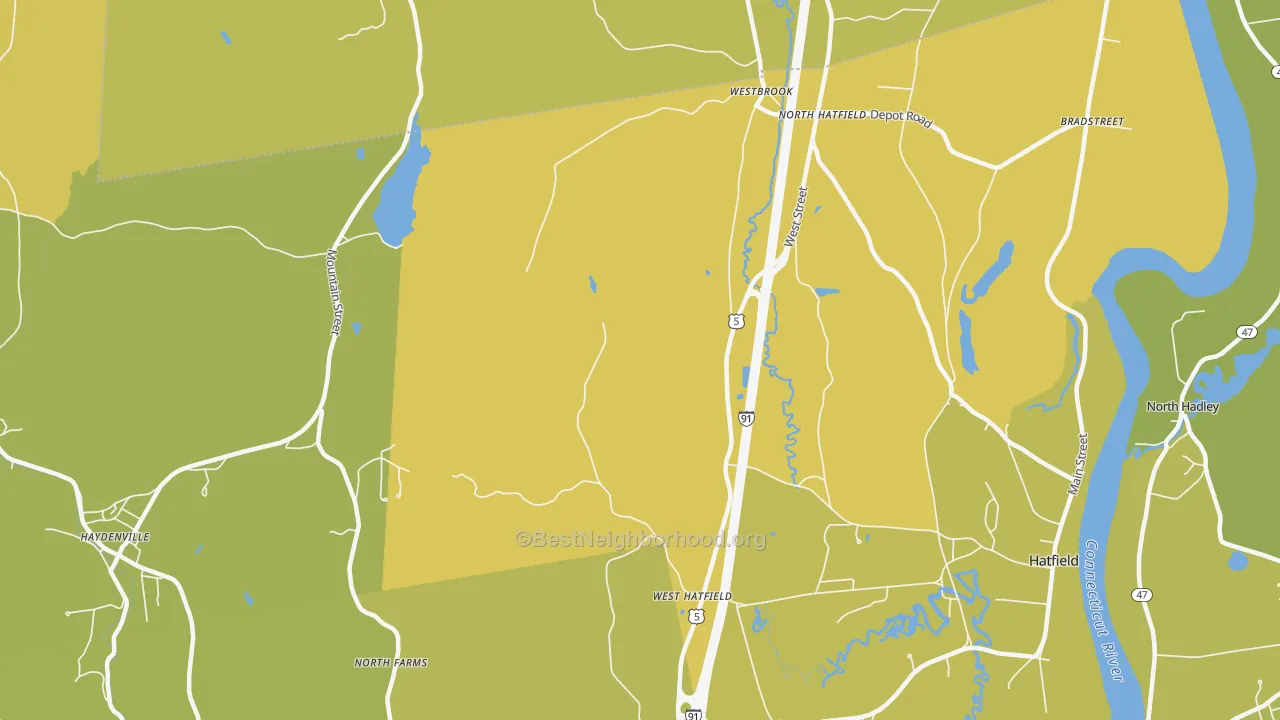 Map of the best neighborhoods in the West Hatfield area, with better matches in green and worse matches in red