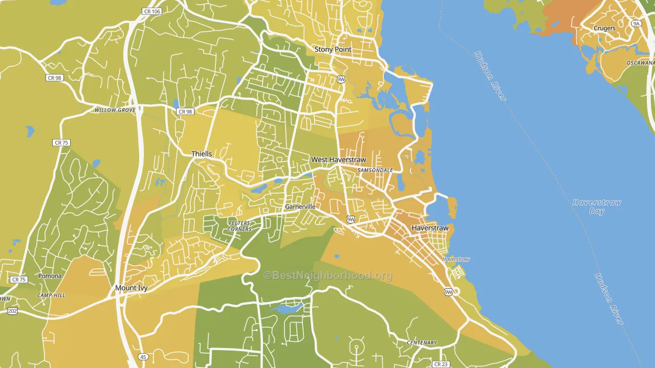 Map of the best neighborhoods in the West Haverstraw area, with better matches in green and worse matches in red