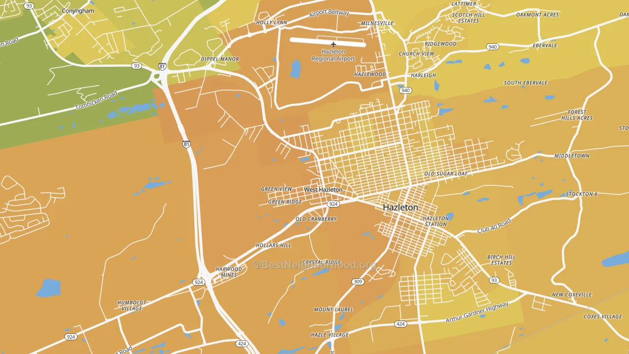 Map of the best neighborhoods in the West Hazleton area, with better matches in green and worse matches in red