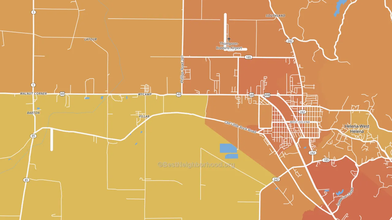 Map of the best neighborhoods in the West Helena area, with better matches in green and worse matches in red