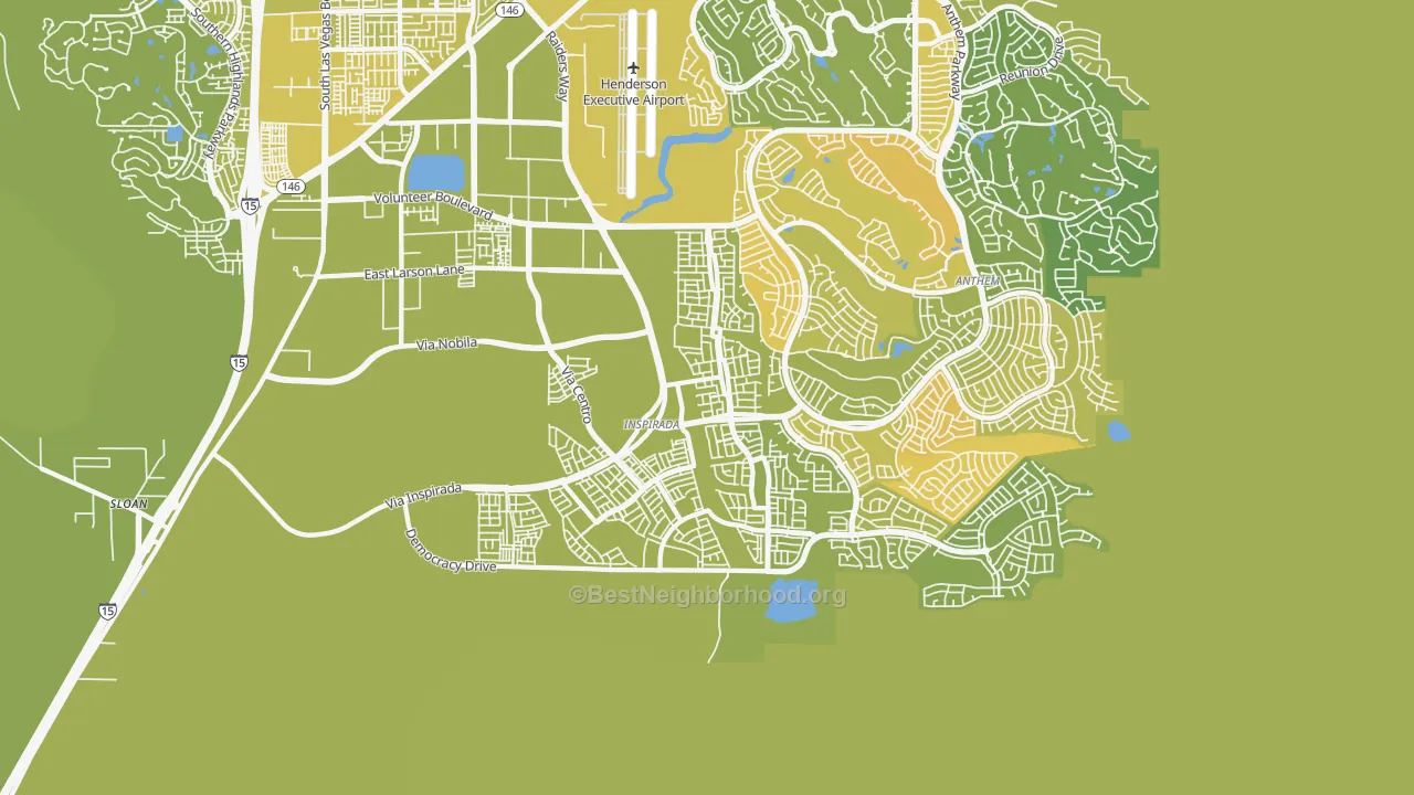 Map of the best neighborhoods in the West Henderson, Henderson area, with better matches in green and worse matches in red