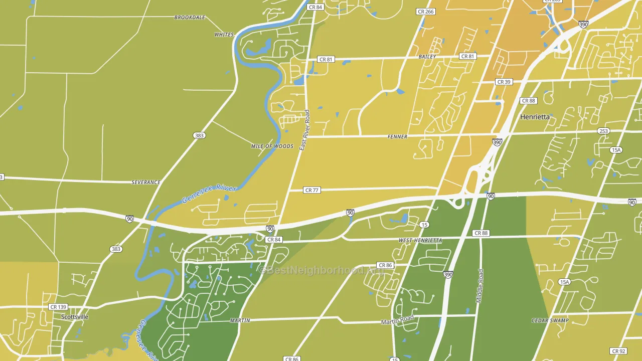 Map of the best neighborhoods in the West Henrietta area, with better matches in green and worse matches in red