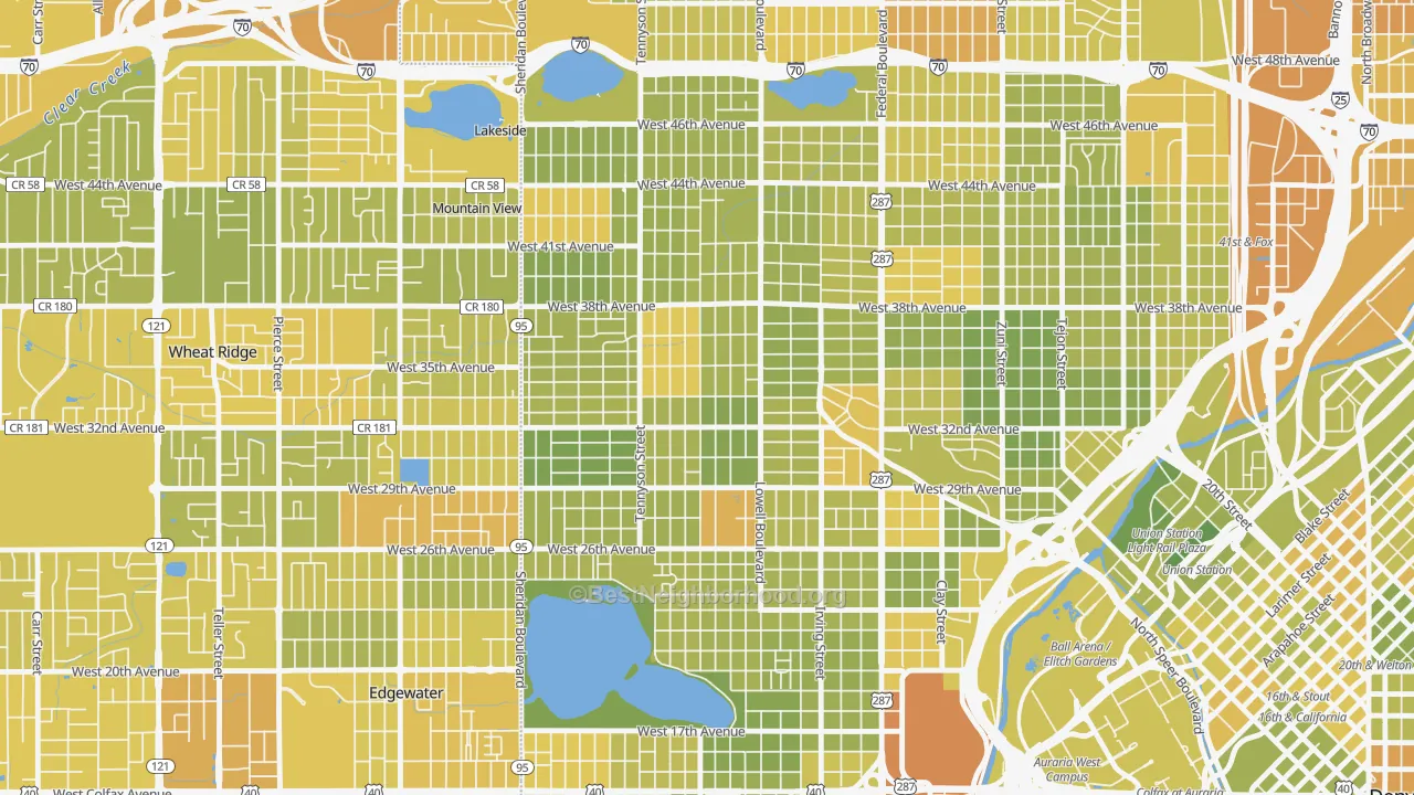 Map of the best neighborhoods in the West Highland, Denver area, with better matches in green and worse matches in red