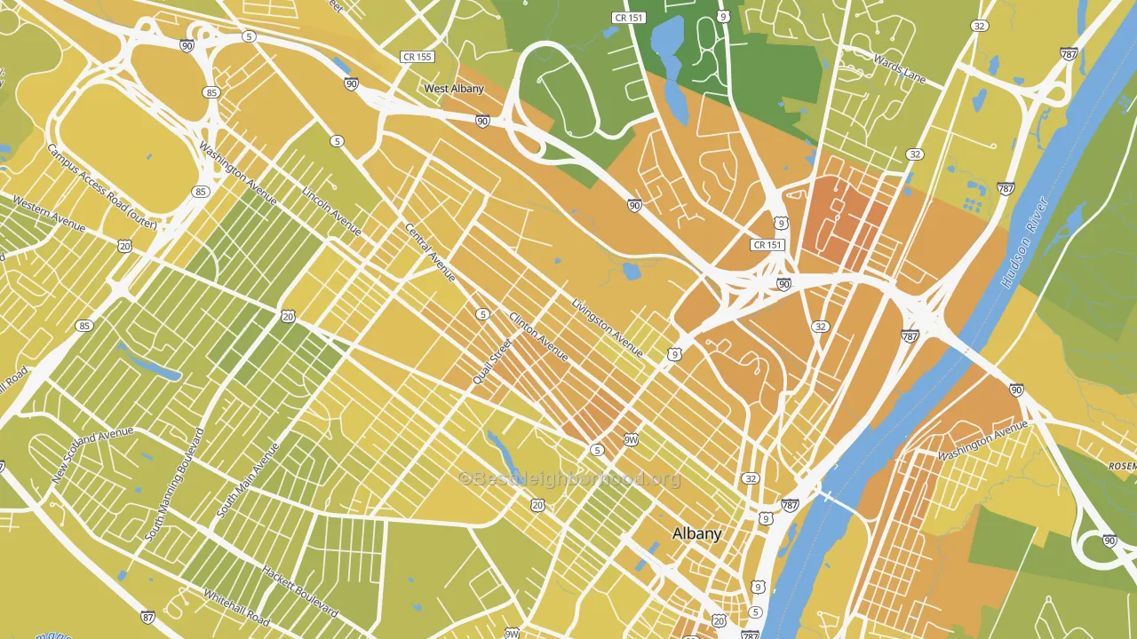 Map of the best neighborhoods in the West Hill, Albany area, with better matches in green and worse matches in red
