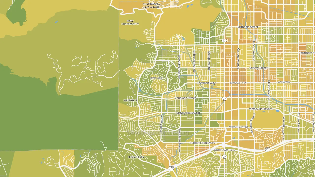 Map of the best neighborhoods in the West Hills area, with better matches in green and worse matches in red