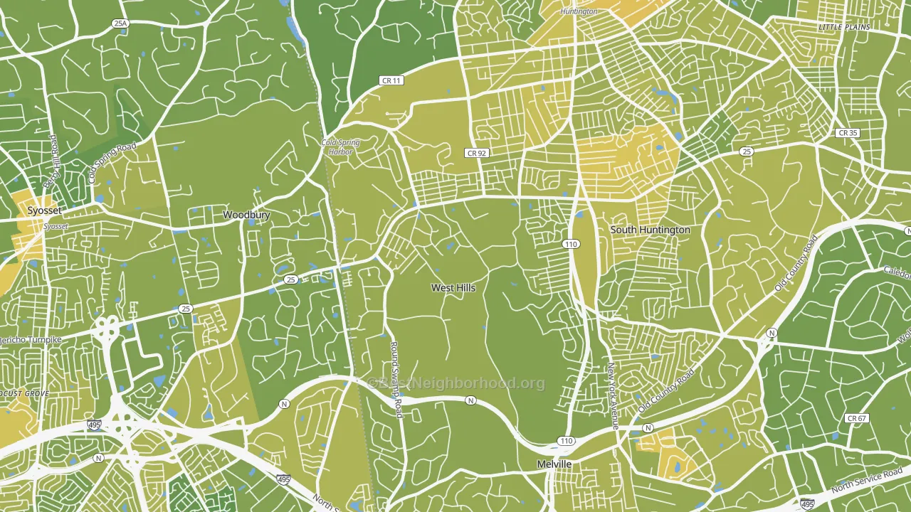 Map of the best neighborhoods in the West Hills, Huntington area, with better matches in green and worse matches in red